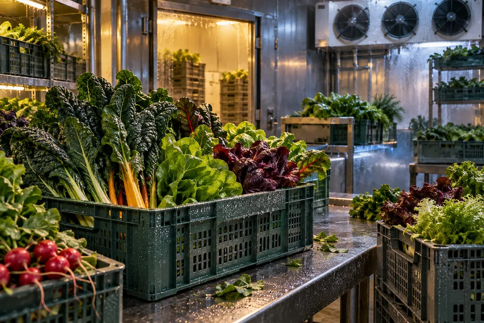 AI conceptual illustration of produce in a cold-storage room, not a photograph of a named facility