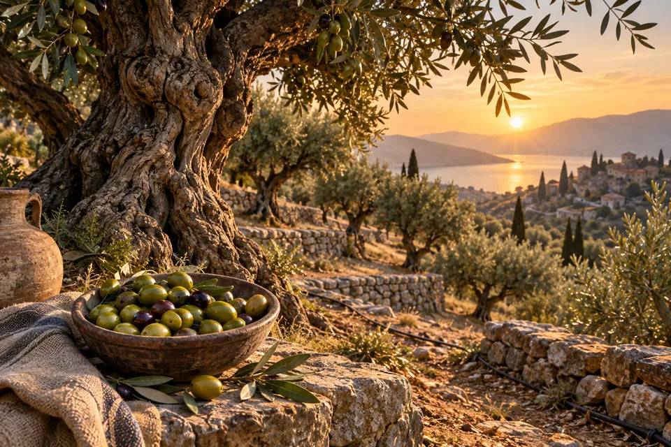 AI editorial illustration of a Mediterranean olive grove and changing seasonal light, not a documented drought event