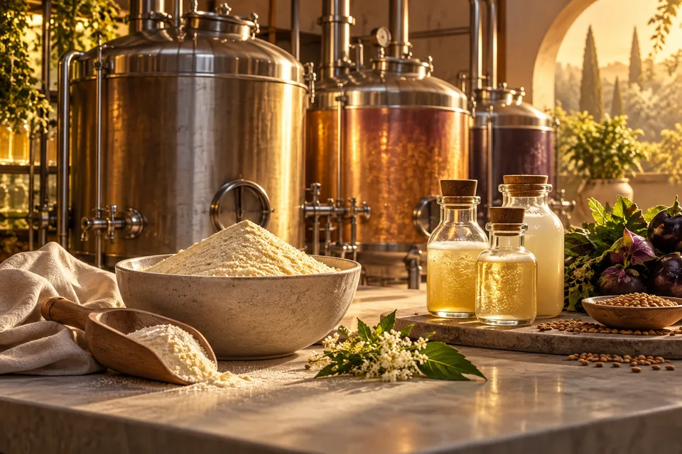 AI conceptual illustration of food fermentation vessels and ingredients, not a photograph of a commercial facility