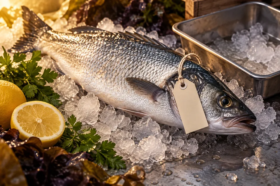 AI conceptual still life of a fish lot, shipping labels and a digital trail, not evidence of a particular fishery