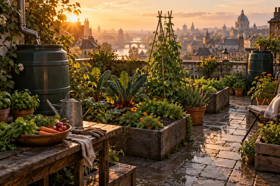 AI editorial illustration of productive rooftop beds above a dense city, not a photograph of an operating farm